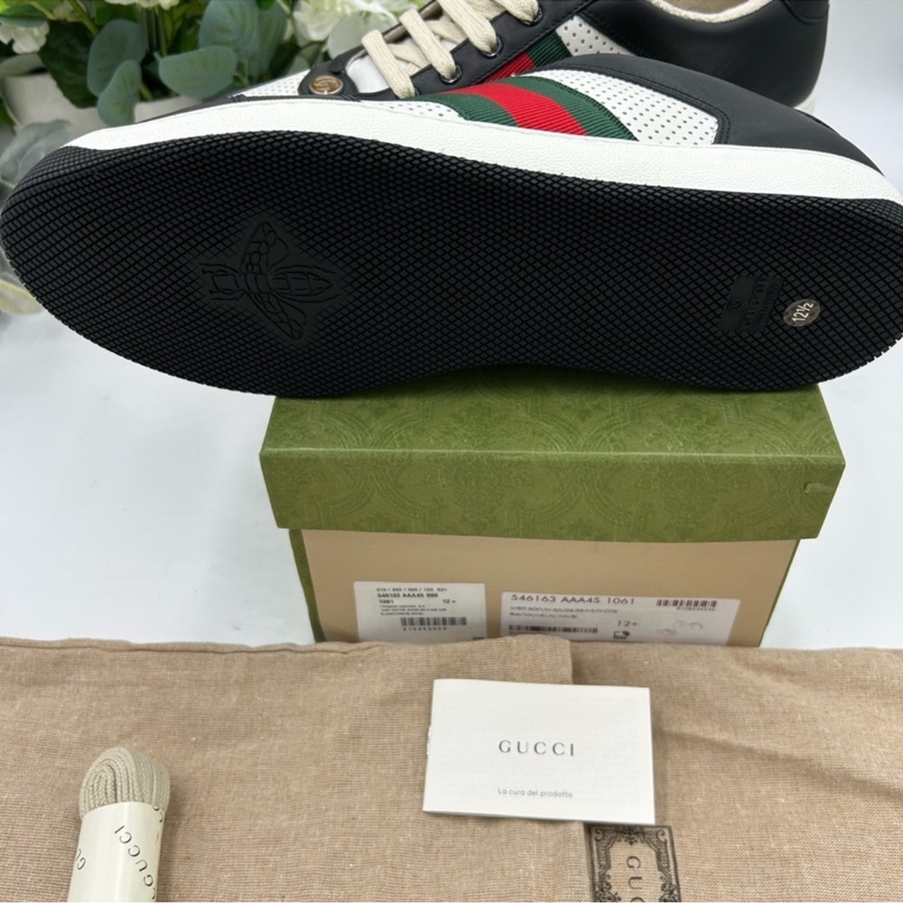 Men’s Gucci, low top screener sneakers, black/white paneled leather design 12.5 - Picture 7 of 12